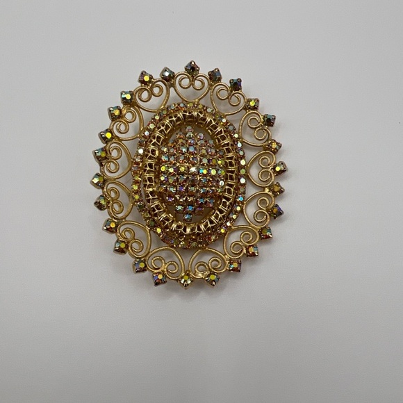 Vintage Gold Filigree Brooch Colorful Aurora Borealis Rhinestones Ornate Pin - Picture 1 of 8
